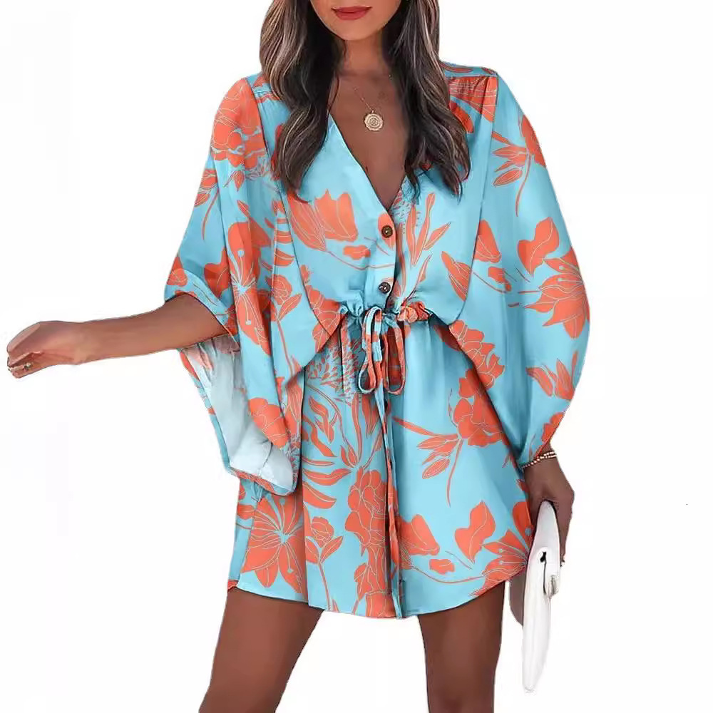 2025 New Summer Women's Designer Flying Sleeve Sexy V-neck Strap Printed Beach Skirt