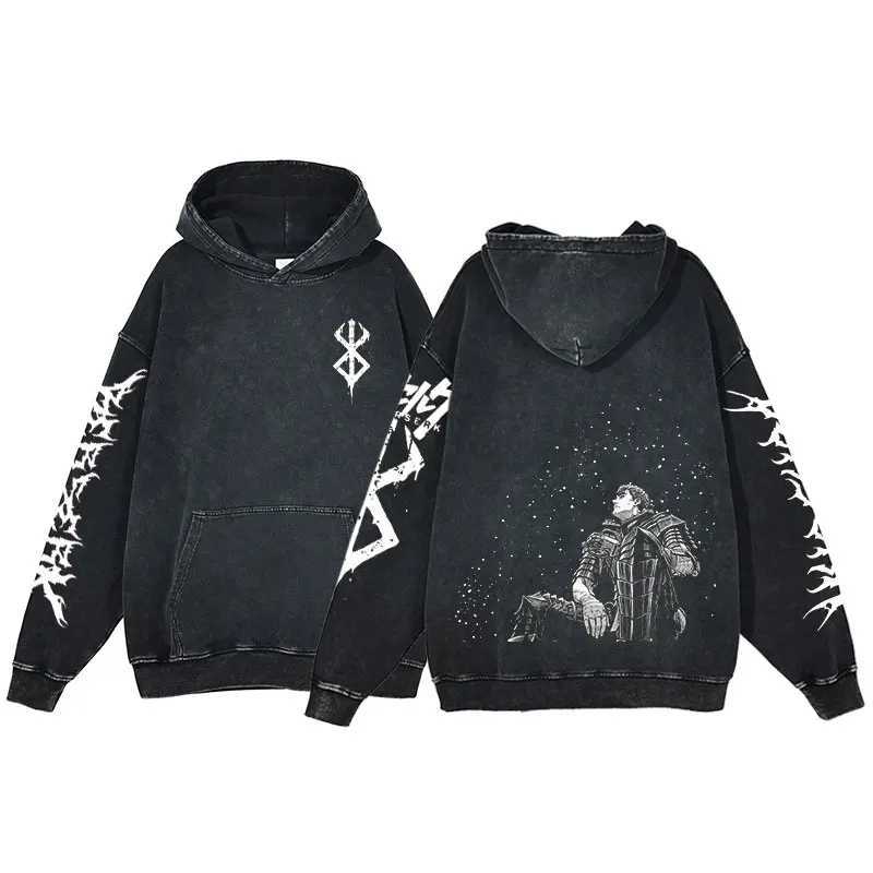Berserk Anime Acid Washed Hoodie Mens Clothing Vintage Cotton Hoodies Women Hip Hop Hooded Sweatshirts Y2K Clothes Oversized W250117