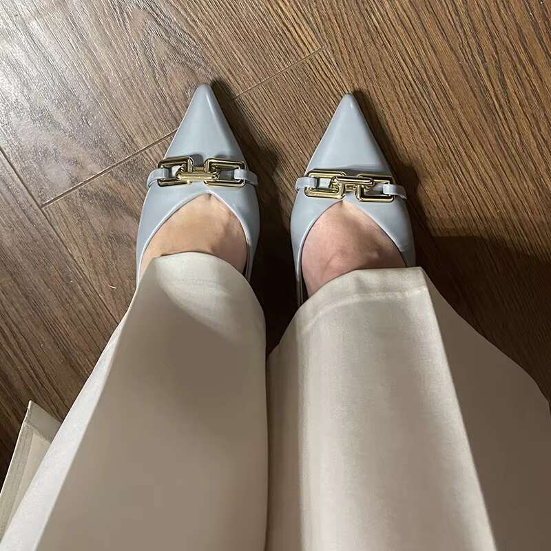 Women 7cm High Pumps Lady Scarpins Nightclub Blue Nude Red Low Heels Wedding Party Metal Chain Bule Mom Office Shoes