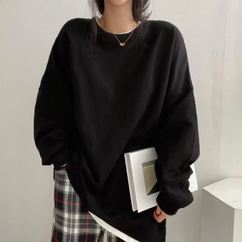 Korean Patchwork Long Sleeve Loose Hoodie Women Crewneck Simple Oversize Sweatshirt Woman Drop Shoulder Casual Sportswear Female 250110