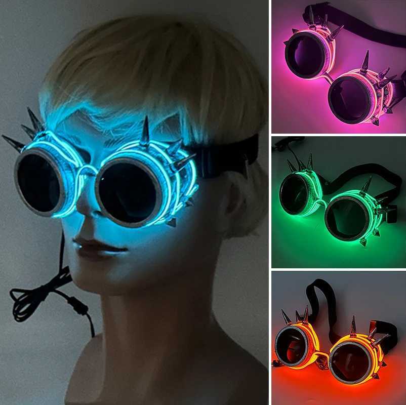 Retro Luminous Glowing Steampunk Glasses LED Light Party Decor Gothic Goggles Glasses With Nail Neon Glasses Men Women Supplies T250122