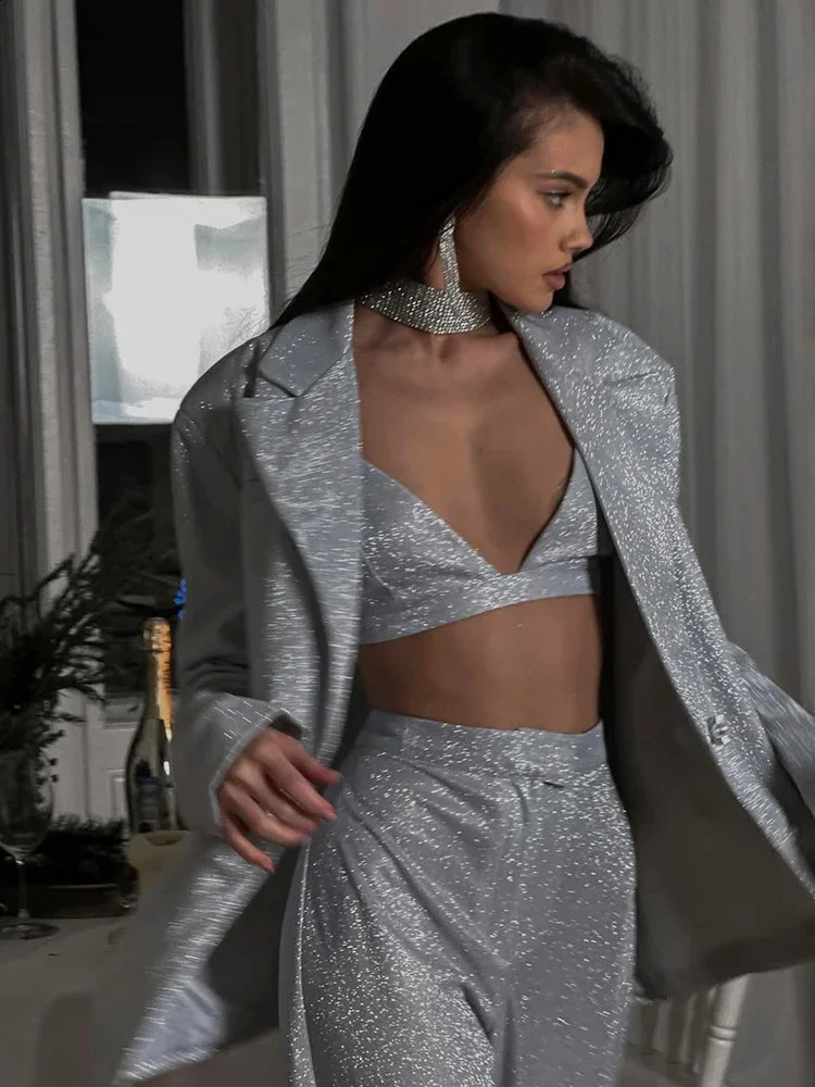 Talenza Silver Shiny Pants Suit Womens Fashion Shiny Blazer Sexy Bra Slim Pants Sets Party Club Matching Sets Night Outfit Set 250122