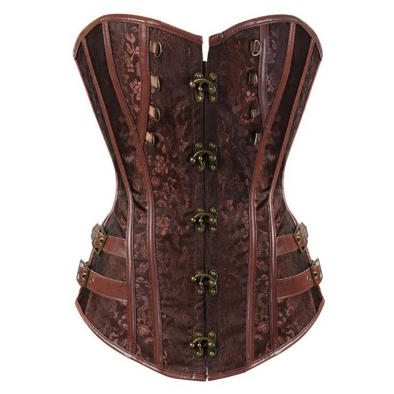 Steampunk Vintage Corset Gothic Clothing Corsets for Women Brown Overbust Top with Zipper Plus Size Retro Faux Leather Corset W250120