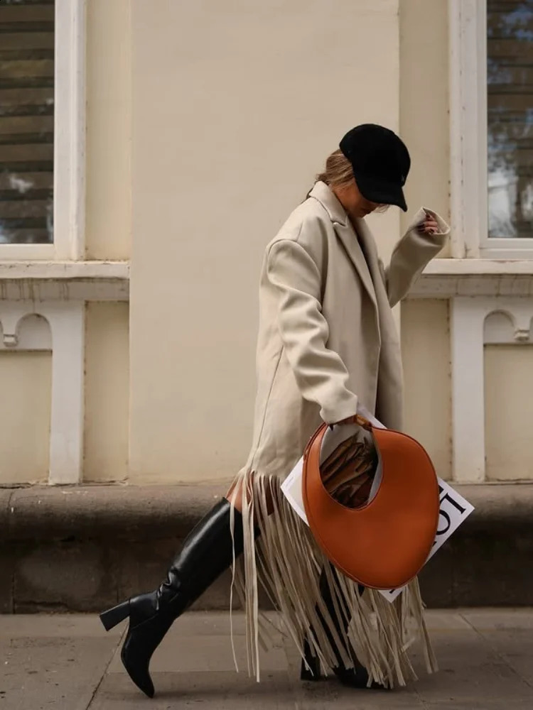 Fashion Tassel Hem Womens Coat Autumn Winter Turndown Collar Long Sleeve Female Overcoat 2024 Brown High Street Lady Outwear 250110