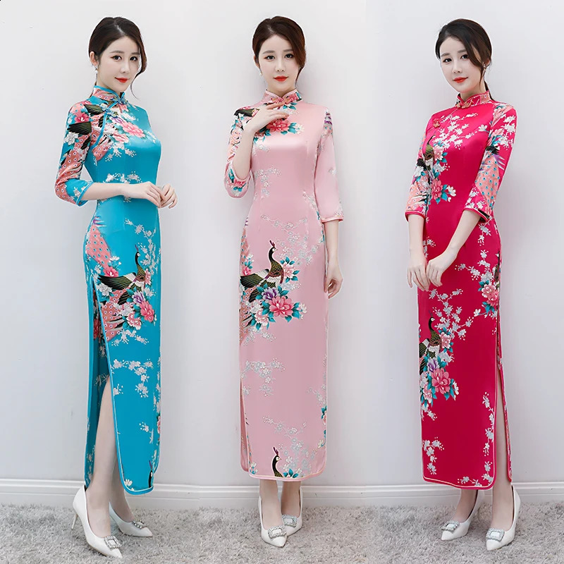 size 6XL Floral Peacock Chinese Lady Cheongsam Qipao Print Flower Sexy Long Dress Bride Wedding Evening Party Gown Dresses 250122