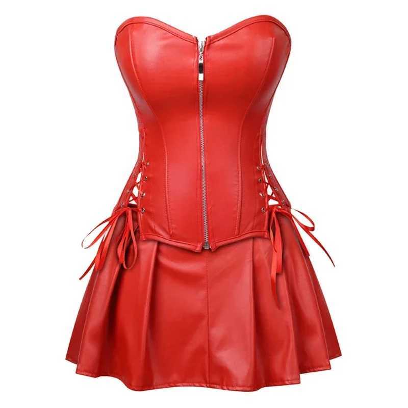 Faux Leather Corset Top Women Leather Corset Dresses Zipper Gothic PU Leather Corset Sexy Ladies Eyelet Up Pleated Dress Corsets W250120