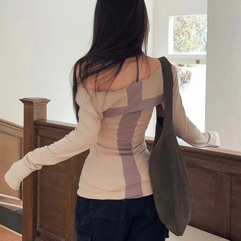 Lamuusaa y2k Tops Women Fairy Grunge Clothes Contrast Cross Off Shoulder Long Sleeve T Shirts 2000s Goth Clothing Streetwear 250116
