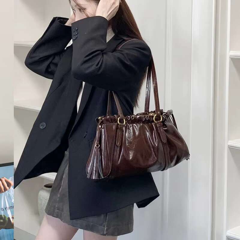 England Style Vintage Bags For Women Designer Handbags And Purses 2024 New In PU Oil Wax Leather Ruffle Underarm Shoulder