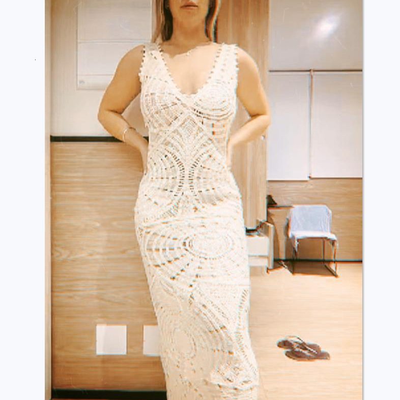 2025 New Women's Wear Designer Beach Skirt Knitted Hollow Sexy V-neck Low Cut Mid Length Skirt Female INS