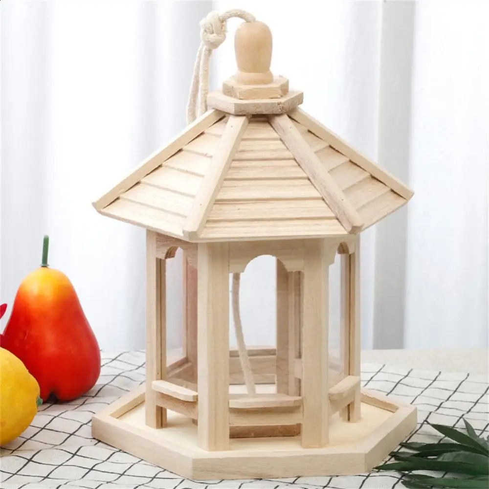 Bird Cage Feeder Wooden Pet Water Feed House Shape Transparent Pet Birdhouse Food Dispenser Food Container Durable Hanging 250121