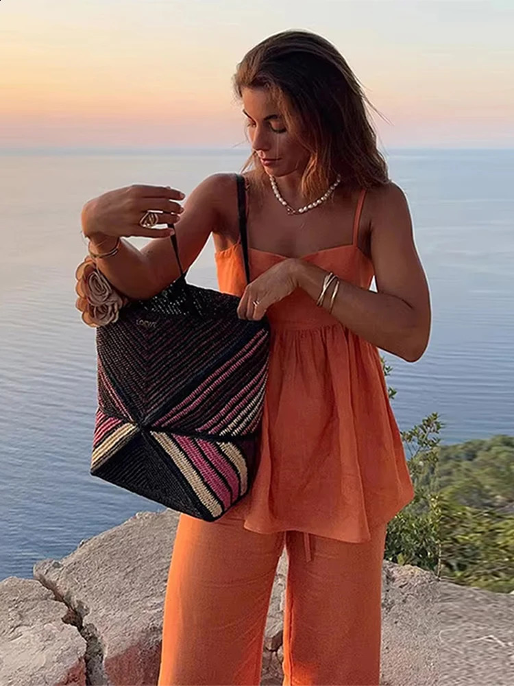 Orange Drawstring Women Wide Leg Pants Suit Elegant Sleeveless Ruffles Pleated Hem Sling Tops Lady Two Piece Set Street Outfits 250120