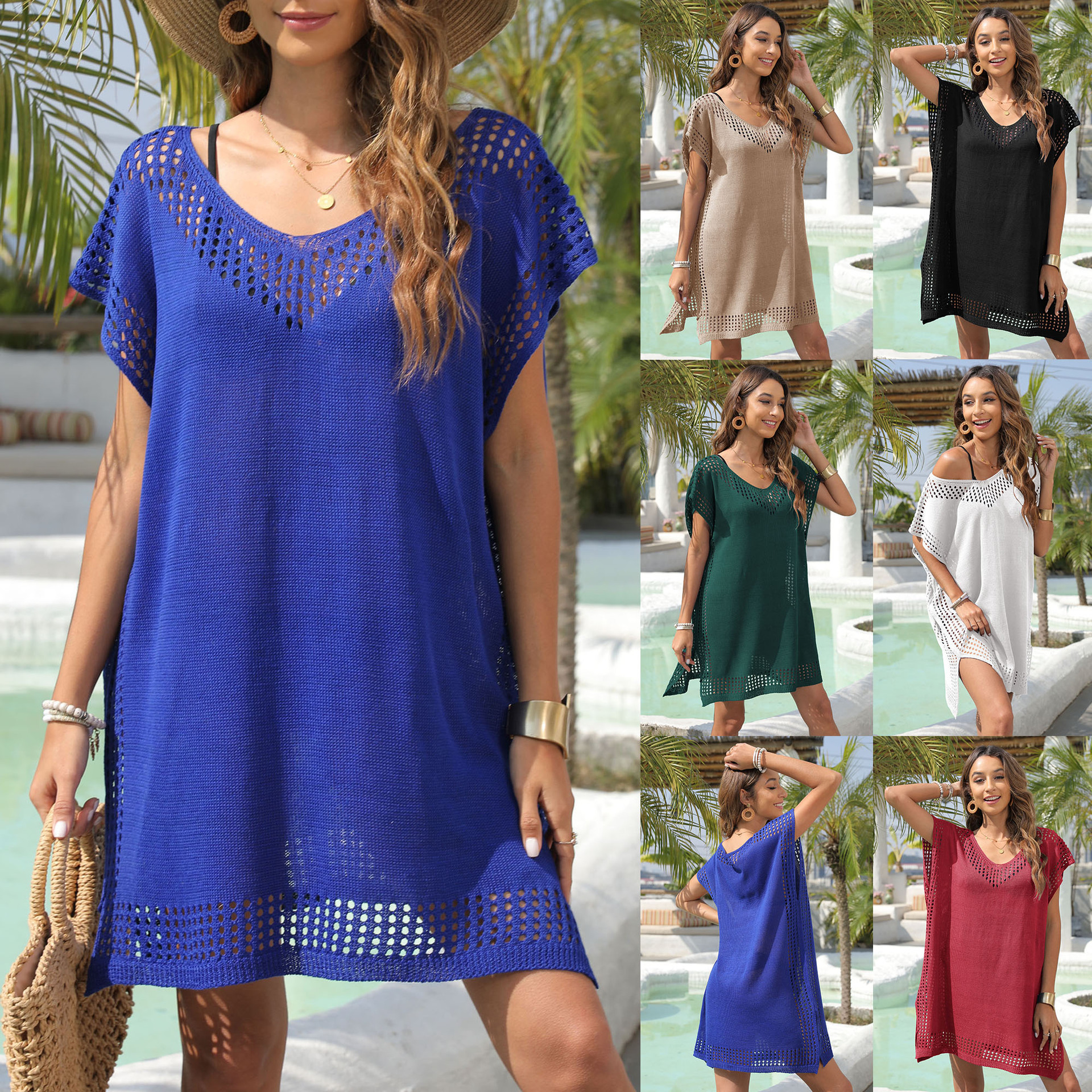 2025 New Designer Covered V-neck Hollow Splicing Loose Women's Sexy Dress Suitable For Seaside Vacation Super Fairy Beach Skirt 720