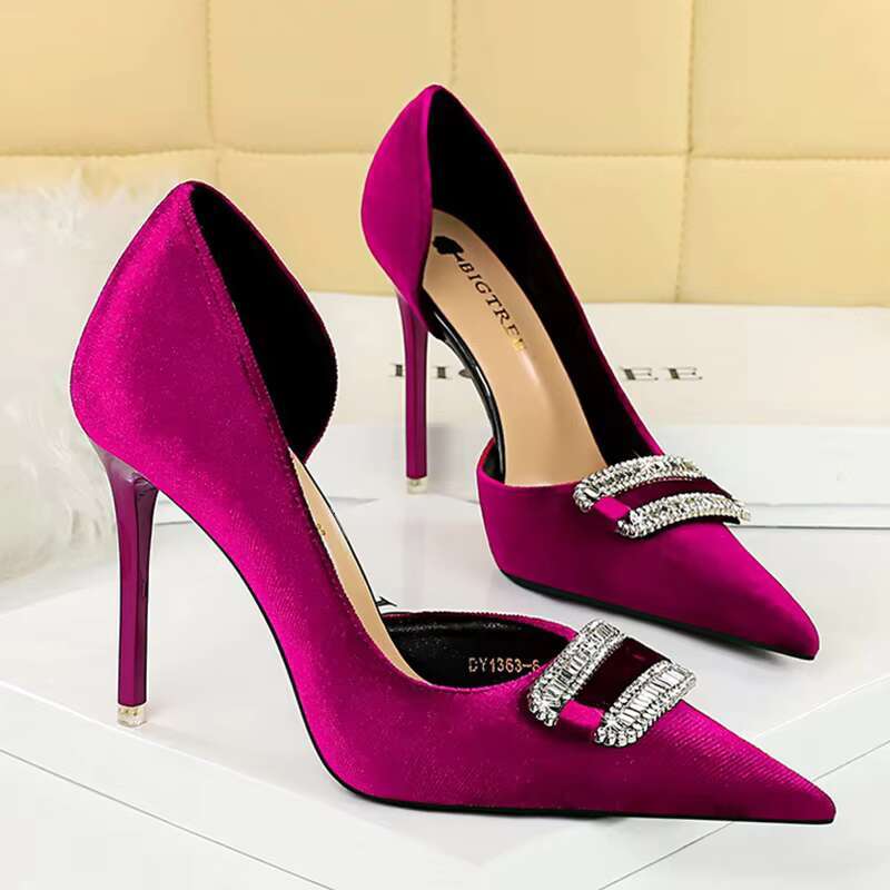 New Women 10.5cm High Rhie Pumps Lady Sexy Shallow Pointed Toe Veet Wedding Heels Female Purple Pink Green Shoes
