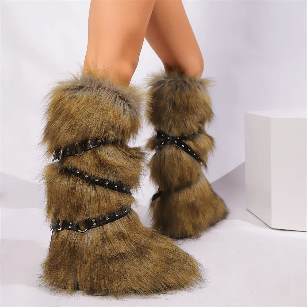Winter Long fur y2k Sexy Snow Boot Big Size 44 Chic More Colors Buckle Belt Knee High Boots Shoes 250118