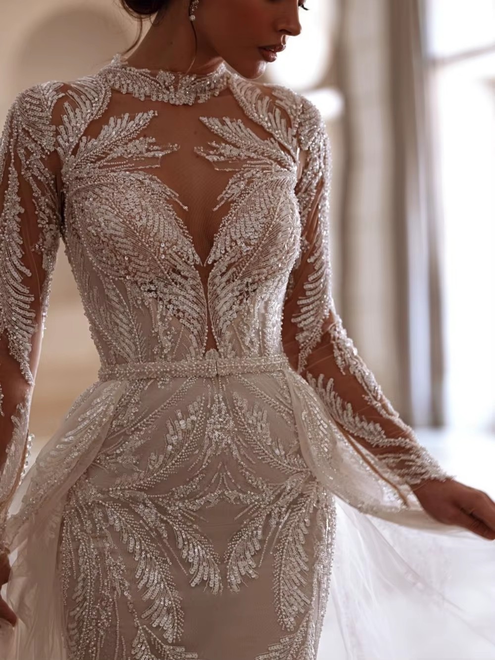 Gorgeous Mermaid Wedding Dresses For Women Jewel Neck Long Sleeves Gown Sequins Detachable Train Customized Dress