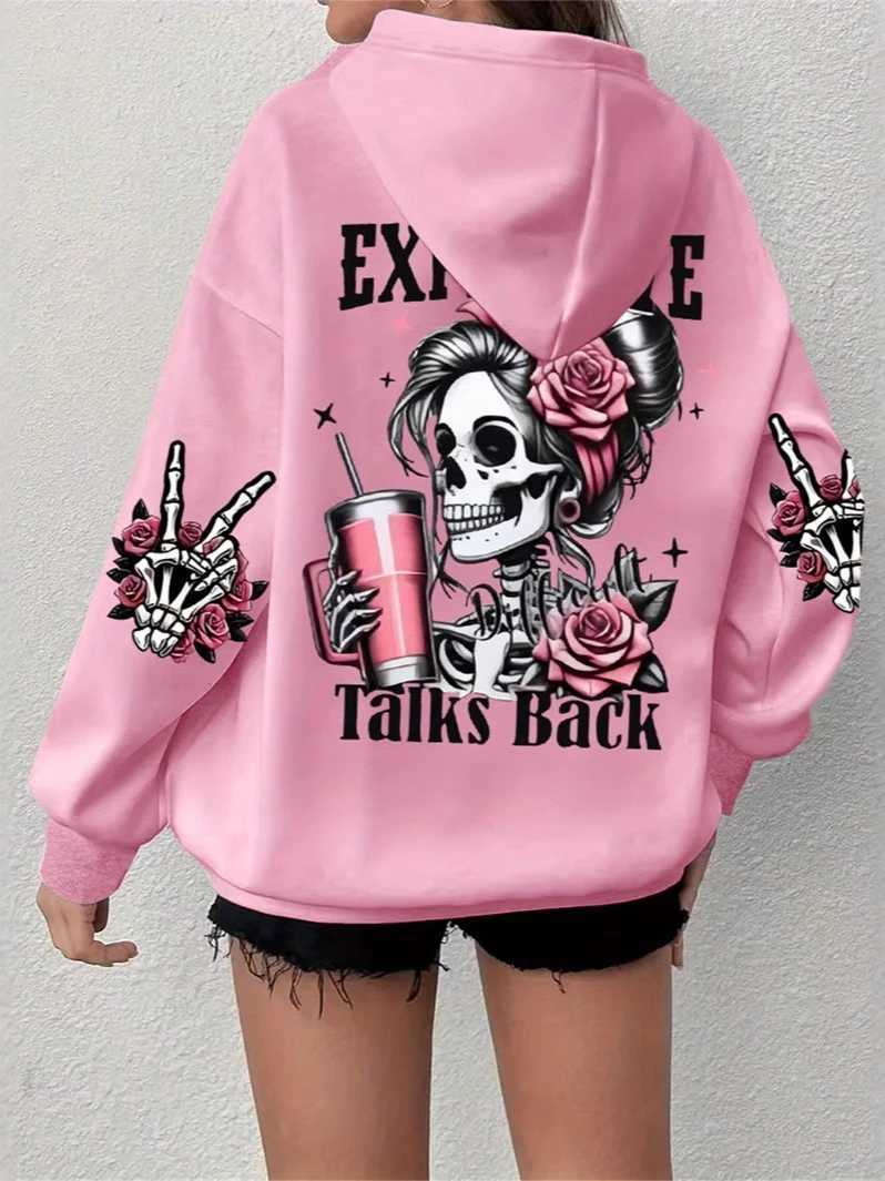 Y2K Skull Print Super Large Hoodie Harajuku Style Loose Fit Pullover Sweatshirt for Women Kawaii Gothic Casual Street Clothing W250117
