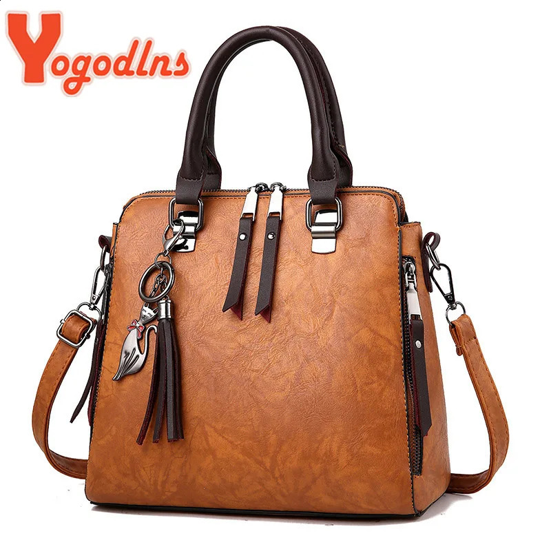 Yogodlns Vintage Leather Womens HandBags Ladies Messenger Bags Tassel Crossbody Shoulder Bag Boston Hand 250122