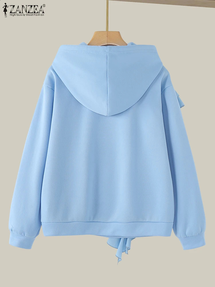 Women Ruffled Edge Sweatshirts 2024 ZANZEA Autumn Solid Pullovers Simple Hooded Collar Jumper Korean Style Long Sleeve Hoodies 250107