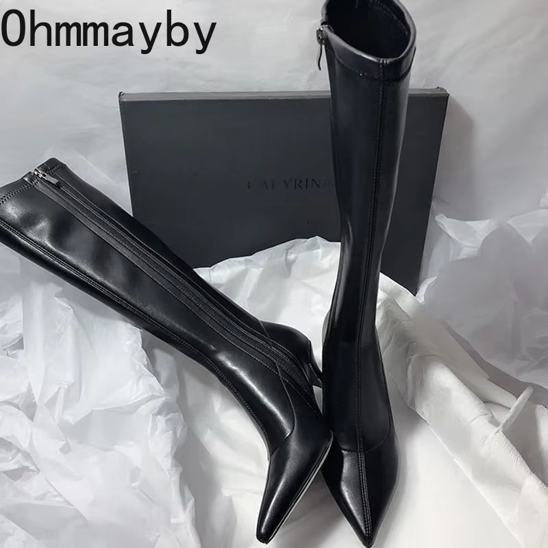 Designer Pointed Toe Women Stretch Knee-High Boots Fashion High Heels Shoes Concise Long Botas De Mujer 250221