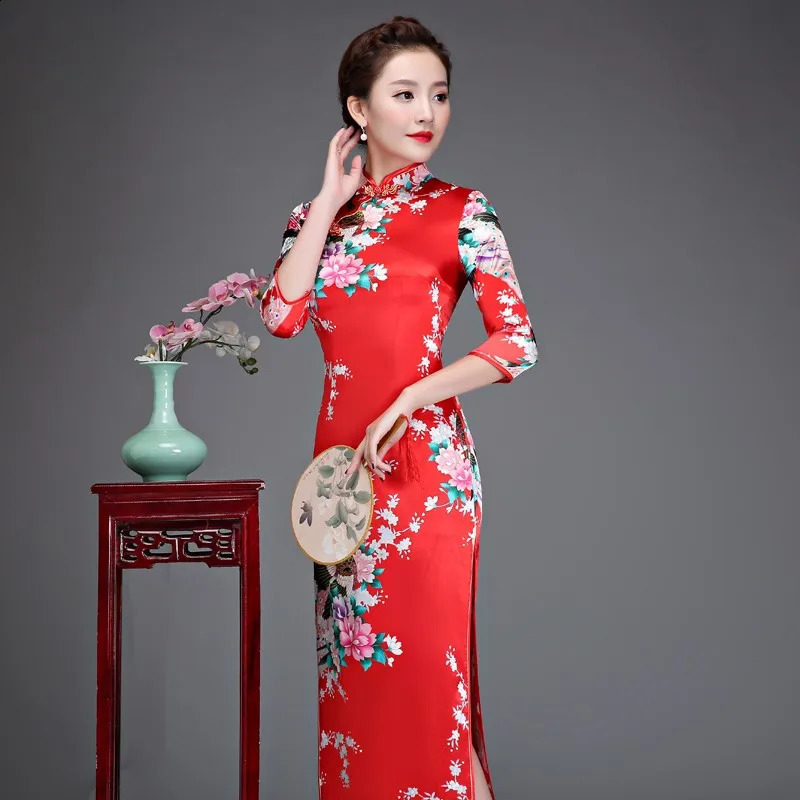 size 6XL Floral Peacock Chinese Lady Cheongsam Qipao Print Flower Sexy Long Dress Bride Wedding Evening Party Gown Dresses 250122