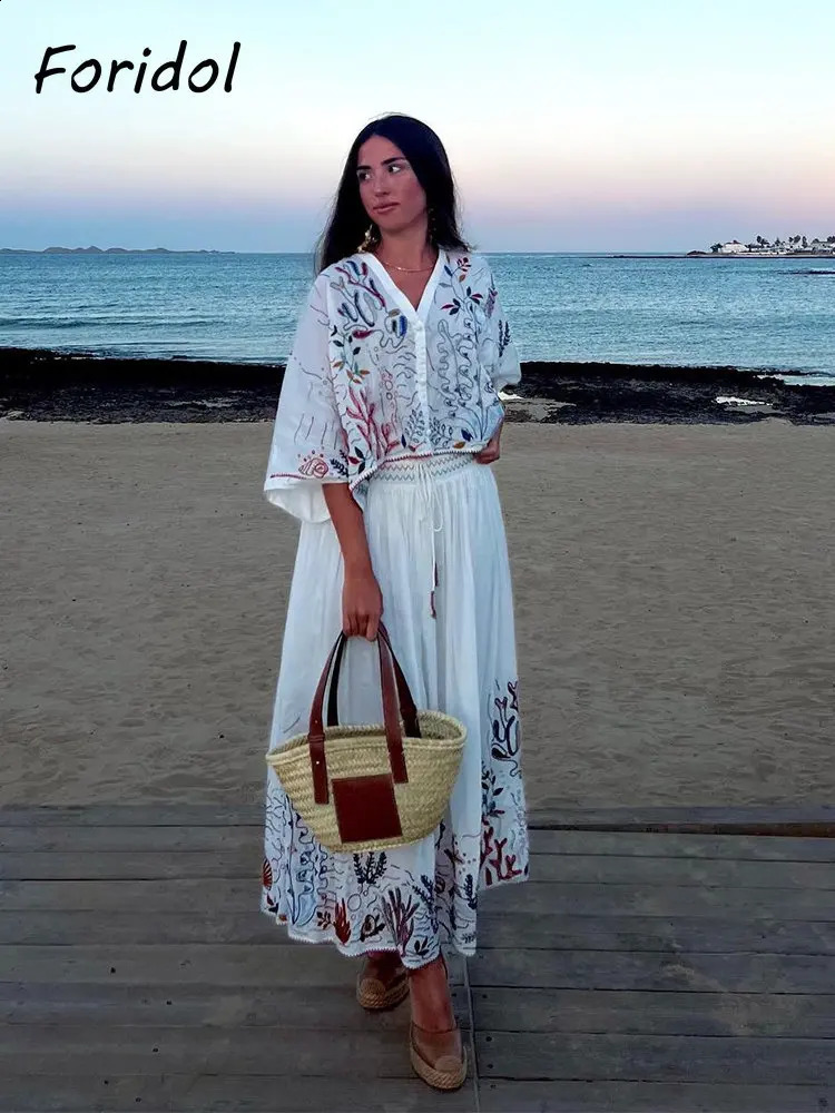 Foridol Marine Organism Embroidered Batwing Sleeve Summer Spring Long Dress Set Cotton White Tassel Dress Set Button Set 250110