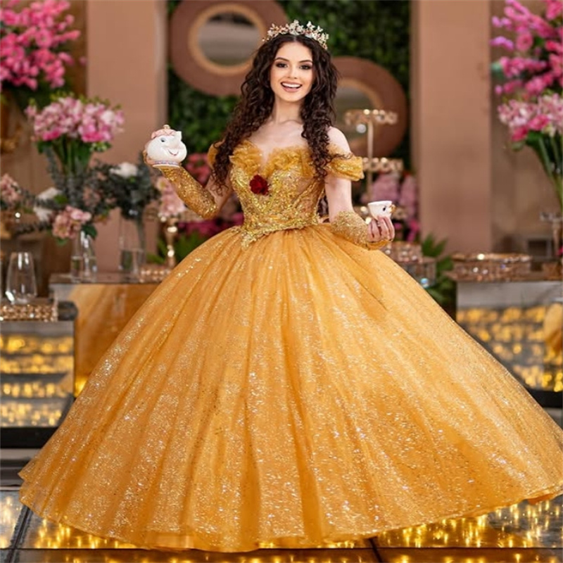 Glitter Gold Vestidos De 15 Quinceanera Dress 2025 Sparkly Sequin 2 in 1 Short Birthday Dress Detachable Skirt Special Occasion Formal Dress Sweet 16 