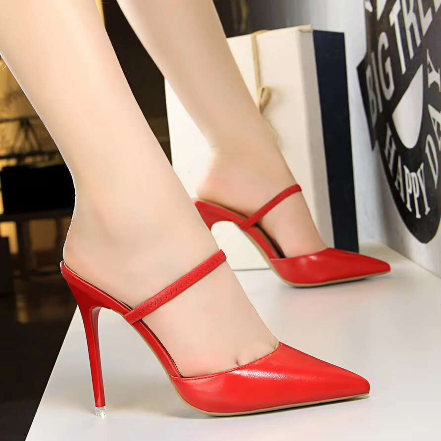 Summer Women 10.5cm High Heels Fashion Sgbas Mules Two Ways Wear Slippers Lady Pointed Toe Slides Wedding Slip On Red Shoes