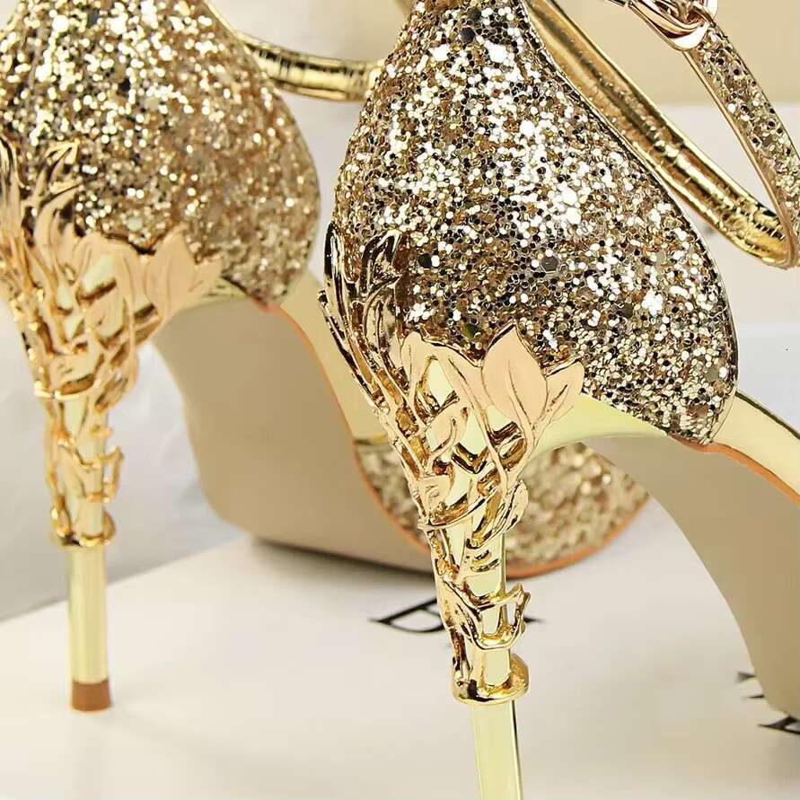 Women 7.5cm 9.5cm High Bg Wedding Sandals Ankle Strap Shoes Gold Siery Blue Sequins Banquet Designer Low Heels