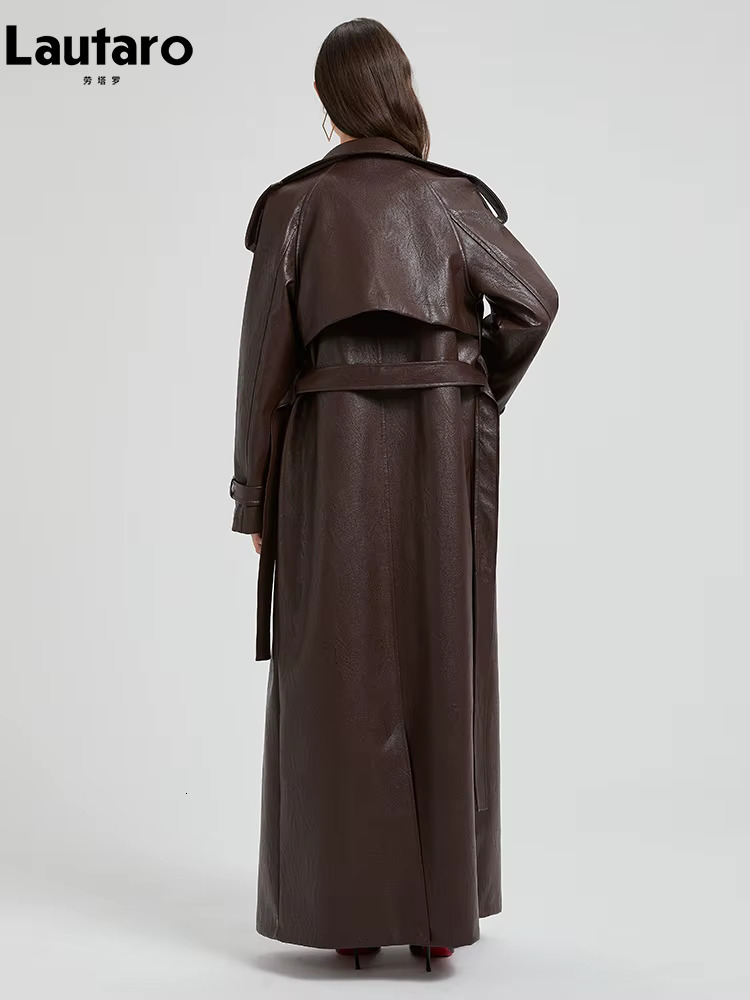 Lautaro Spring Autumn Extra Long Brown Pu Leather Trench Coat For Women Sashes Chic Overcoat Runway European Fashion 2024
