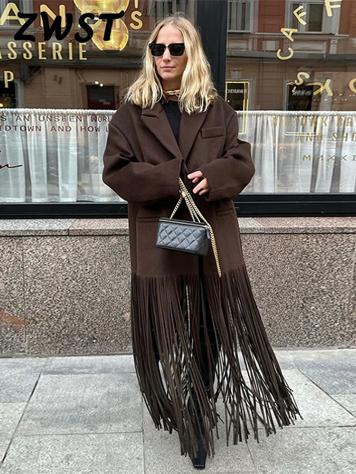 Fashion Tassel Hem Womens Coat Autumn Winter Turndown Collar Long Sleeve Female Overcoat 2024 Brown High Street Lady Outwear 250110