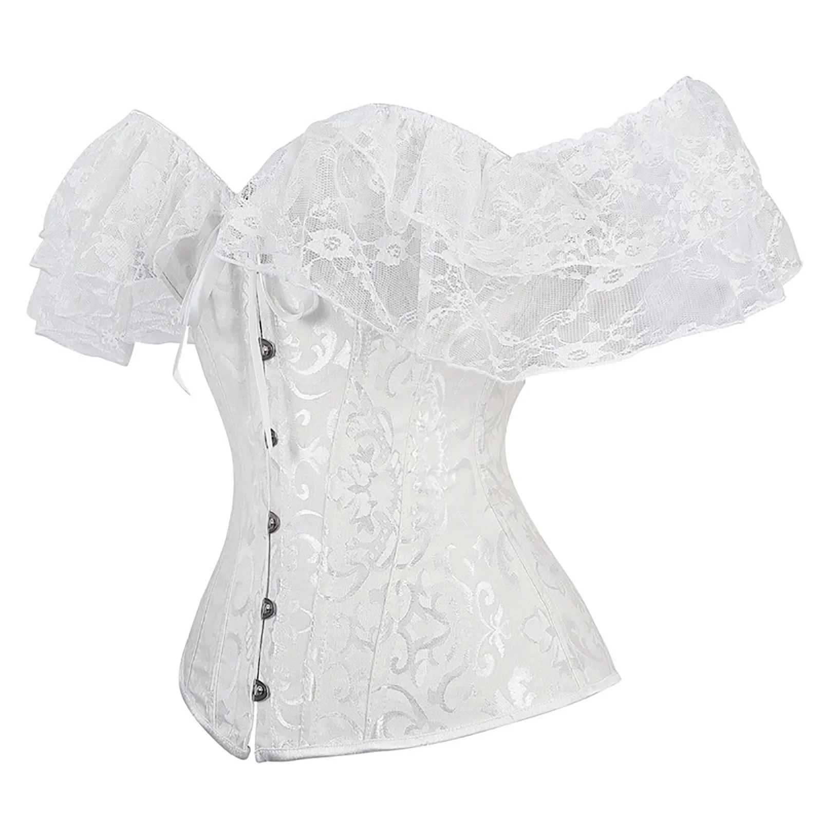 Combhasaki Womens Y2K Vintage Halloween Lace Patchwork Ruffled Short Sleeve Corset Bow Tied Button-down Shapewear Slim Fit Tops W250120