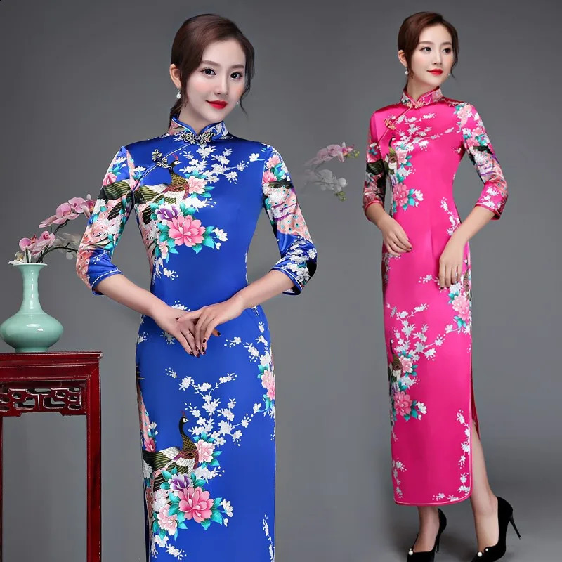 size 6XL Floral Peacock Chinese Lady Cheongsam Qipao Print Flower Sexy Long Dress Bride Wedding Evening Party Gown Dresses 250122