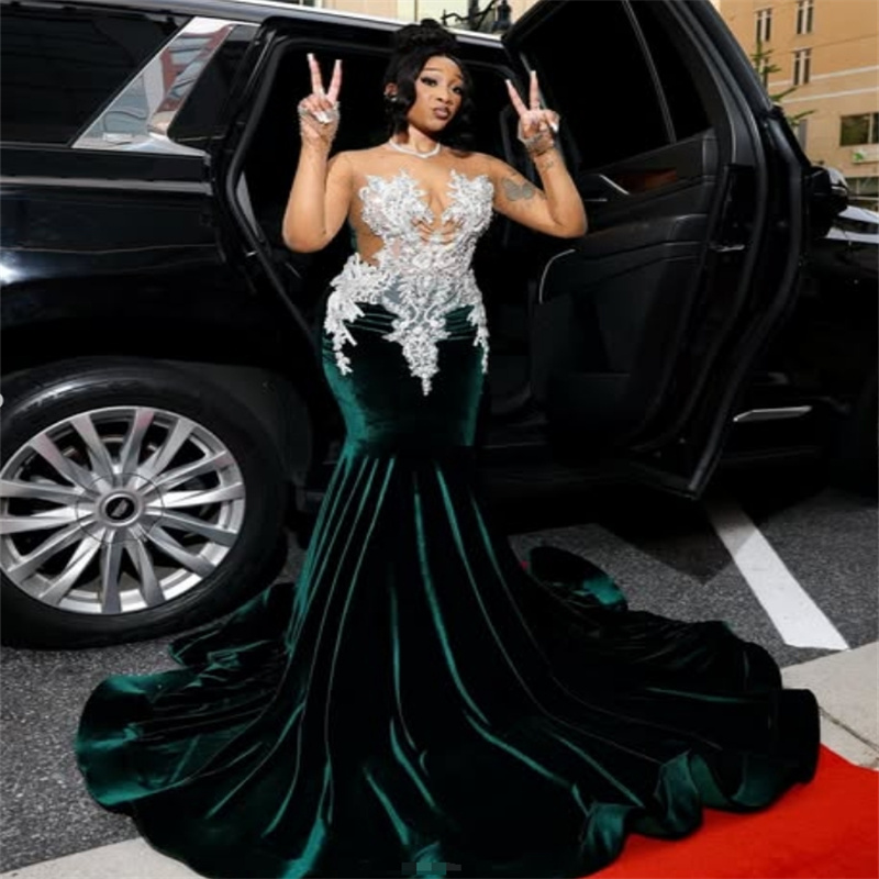 Emerald Green Evening Dress Velvet Mermaid Black Girls Lace Prom Dresses 2025 Beaded Long Sleeve Birthday Occasion Formal Party Gown Robe De Mariee Ve