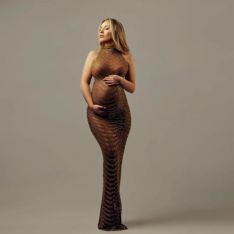 Sexy Shiny Drill Maternity Pography Props Goddess Dress Bodysuit Tulle Pregnancy Gown For Po Shoot Clothing 250114