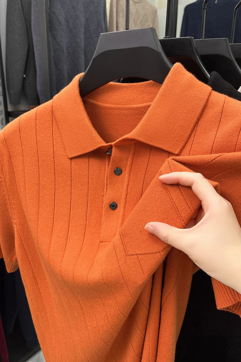 High quality mens short sleeved knitted polo shirt autumn style pullover striped korean flip collar sweater T-shirt 250122