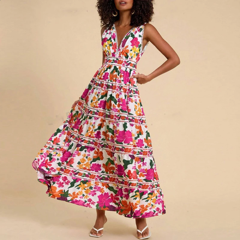 Casual Floral Print High Waist Womens Dress Sexy Deep V Hollow Out Sleeveless Beach Dress Fashion Backless Bohemian Long Dress 250118