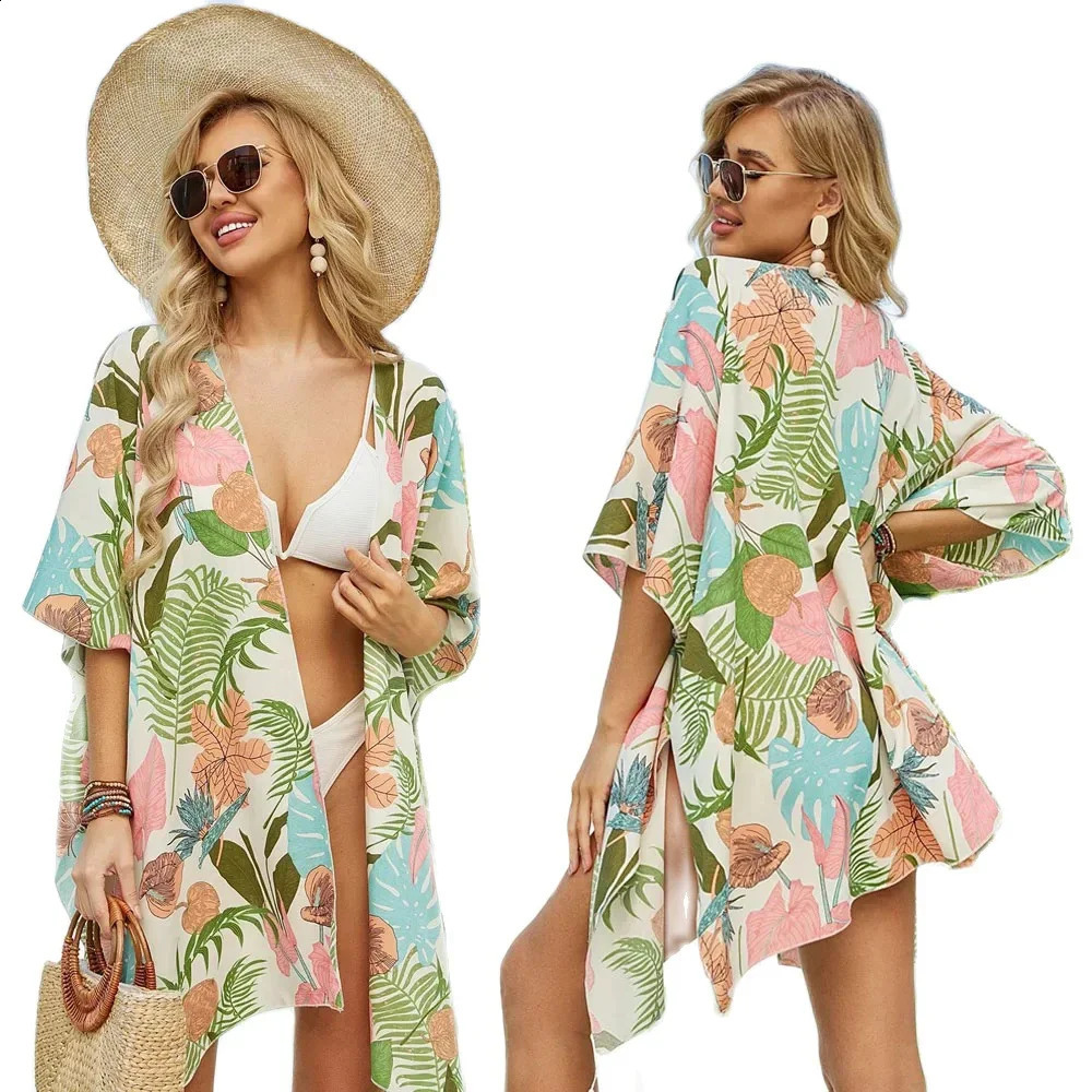 Womens loose printed chiffon top beach swimsuit bikini kimono open collar fluffy sleeve shirt 250122
