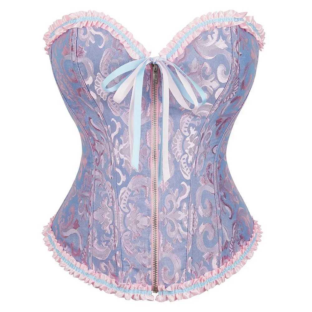 Pink Corset Top Bustier Zipper Sexy Womens Plus Size Overbust Corset Lace up Floral Gothic Brocade Vintage Fashion Medieval W250120