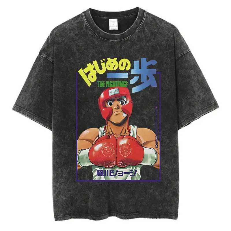 Vintage Cotton Washed T-Shirt Anime Hajime No Ippo Kamogawa Boxing Gym Loose T Shirts Men Women Y2K Hip Hop Summer Top Tee W250117
