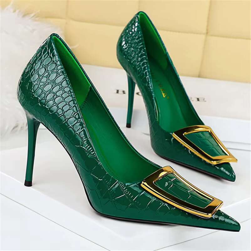 Women 10cm High Pumps Pointed Toe Metal Bule Heels Lady Serpentine Glossy Patent Leather Wedding Event Green Nude Shoes