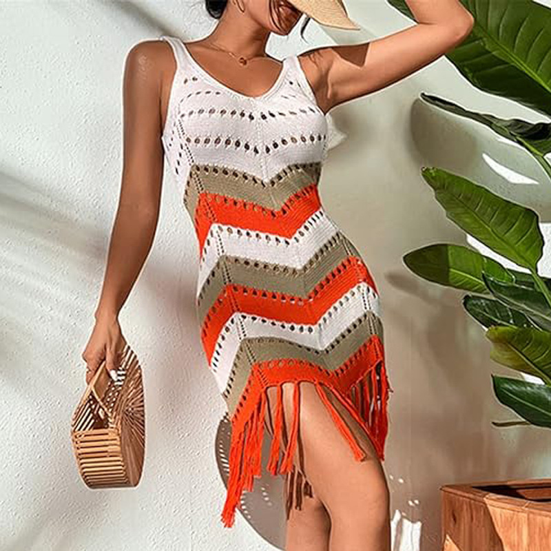 2025 Summer New Designer Knitted Beach Skirt Sunscreen Tassel Striped Tank Top Skirt Sexy Hollow Wool Dress