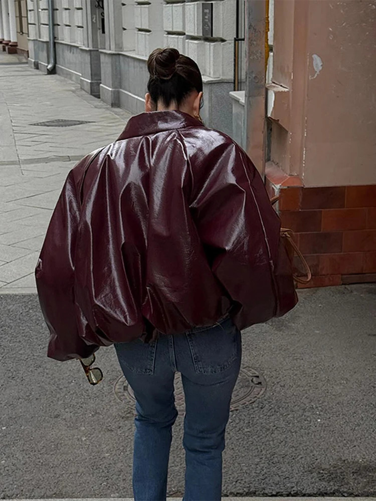 Vintage Burgundy Leather Bomber Jacket Women Chic Lantern Sleeves Zippers Crop PU Female Coat 2025 Loose Ladies Streetwear 250122