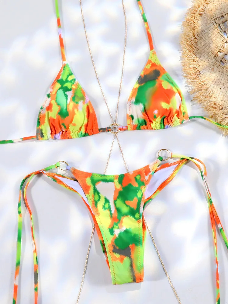 Sexy Bikinis Micro Thongs Swimsuit Women Bathing Suit Rings Biquini Bandage Beachwear Print Swimwear Sexy Bikini Sets With Chain 250118