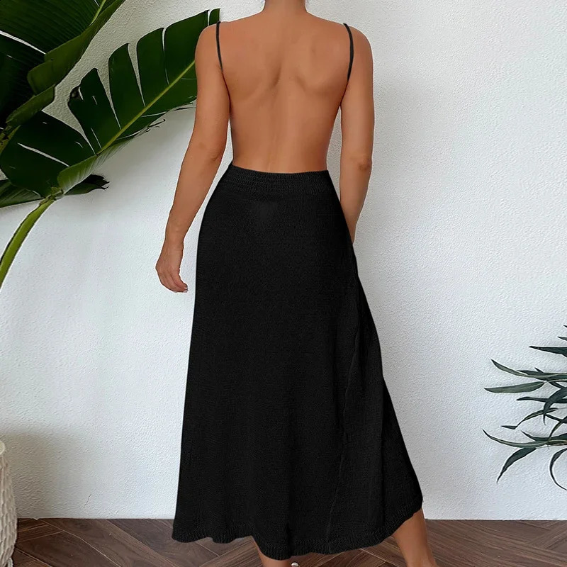 Womens Knitted Sexy High Seam Backless Long Dress Summer Beach Covered Transparent Strap 250122