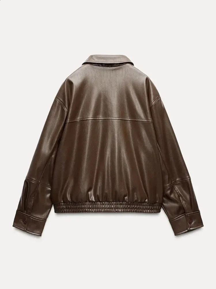 Vintage Chocolate Pu Leather Spring Jacket Women Fashion Zipper Long Seleeve Pocket Short Coat Autumn Ladies High Streetwear 250122