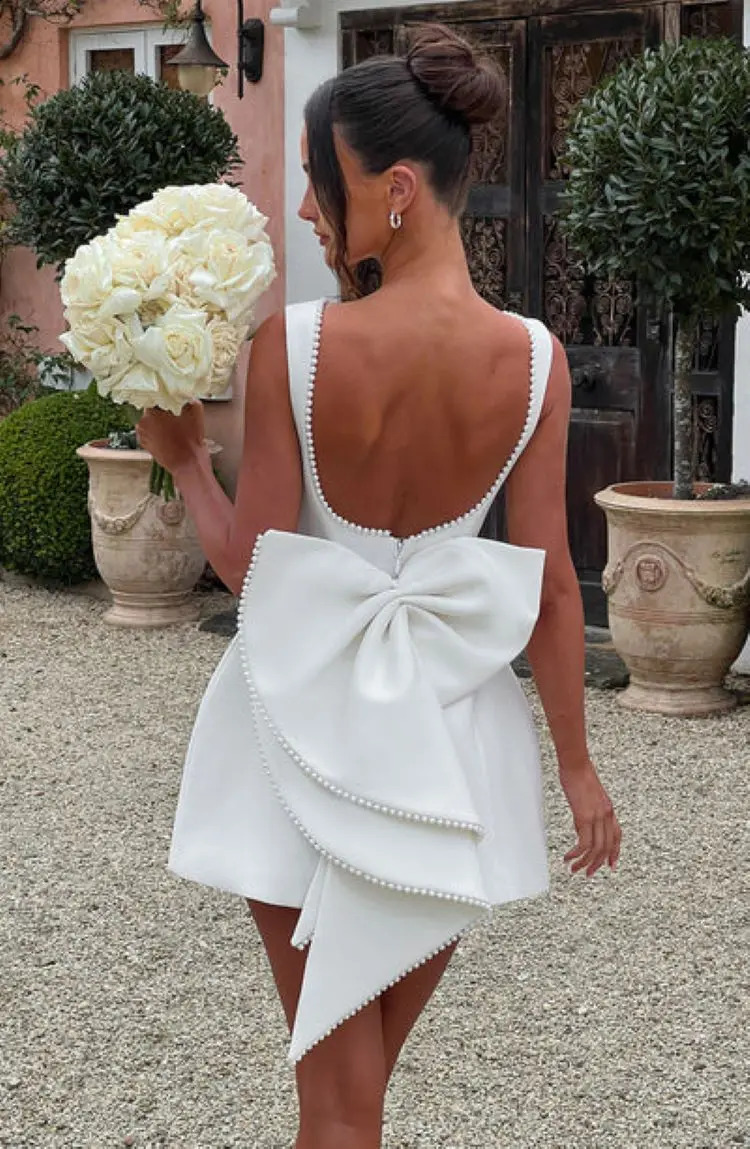 Pearl Bow Backless Sexy Mini Dress Womens Elegant Sleeveless A-line Party Cute Short Dresses White Black Pink Birthday Evening 250122