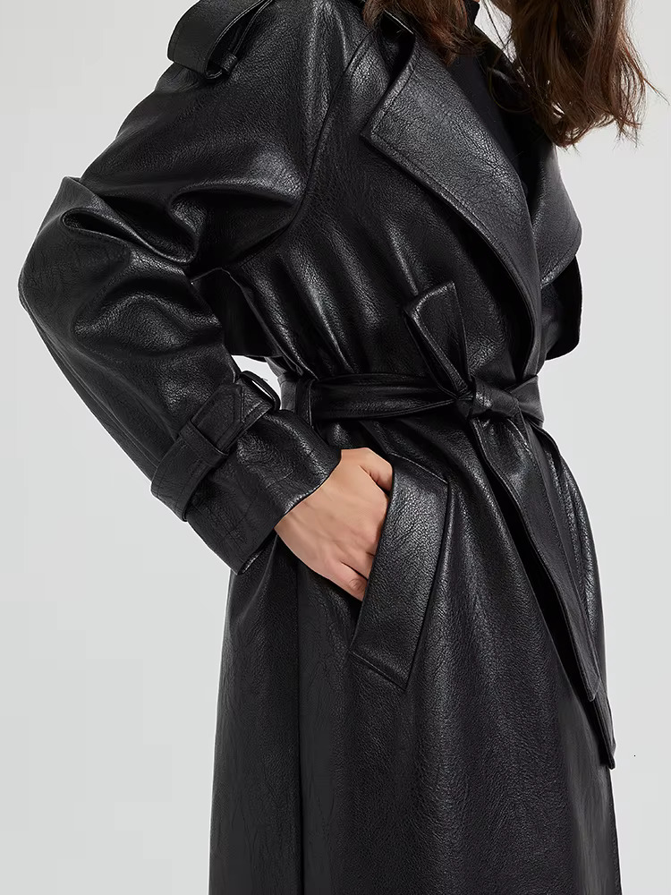 Lautaro Spring Autumn Extra Long Brown Pu Leather Trench Coat For Women Sashes Chic Overcoat Runway European Fashion 2024
