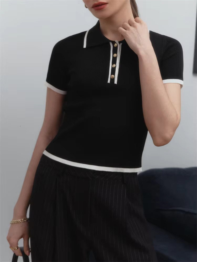 Knit Sweater Women Short Sleeve Patchwork Slim Lapel Elegant Contrast Knitwear Top Female Skinny Ribbed Pullover