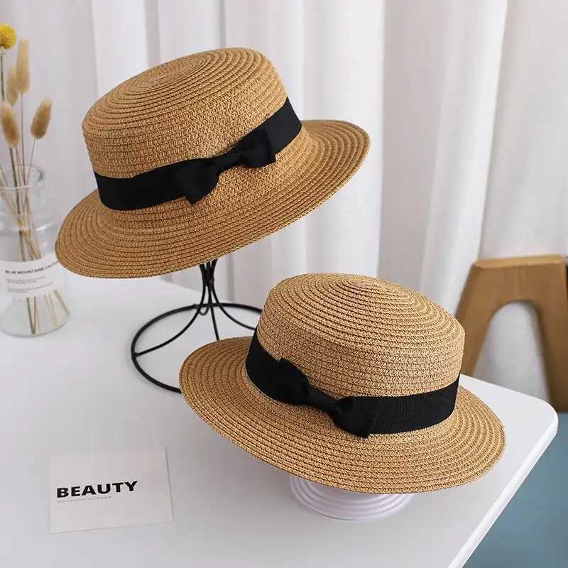 New Summer Parent-Child Bucket Cap Women Sun Visor Bowknot Straw Hat Girls Outdoor Beach Travel Sunshade Wide Cap T250121