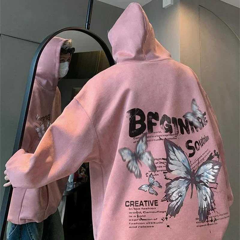 New Creative Butterfly Printed Suede Hoodies For Men Hip Hop Fashion Oversized Hoody Sweatshirts Women Y2K Streetwear Clothes W250117